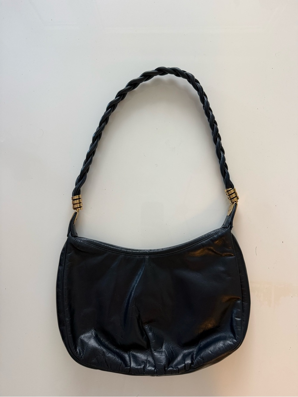 Morris Moskowitz Navy Leather Shoulder Bag with Braided Strap